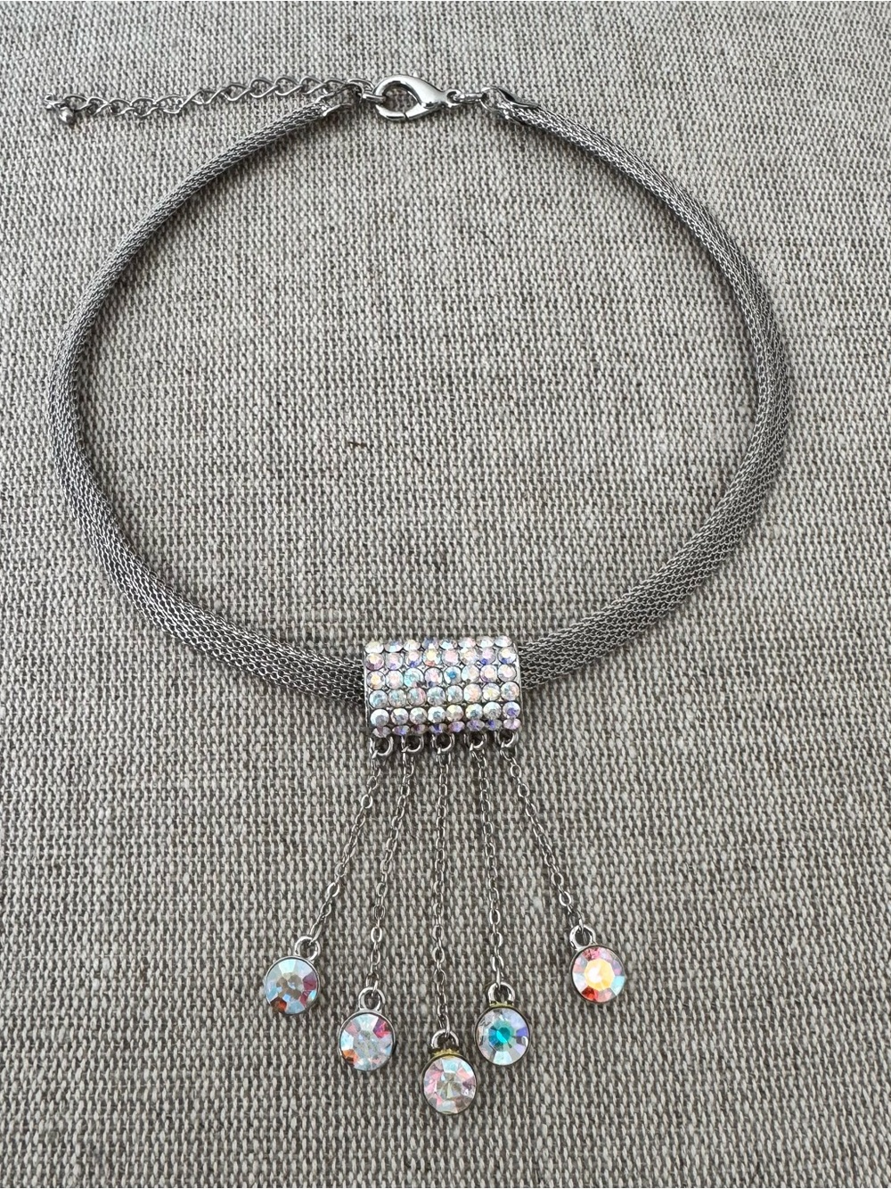 Silver Multi-Strand Rhinestone Fringe Choker Necklace Iridescent Crystal